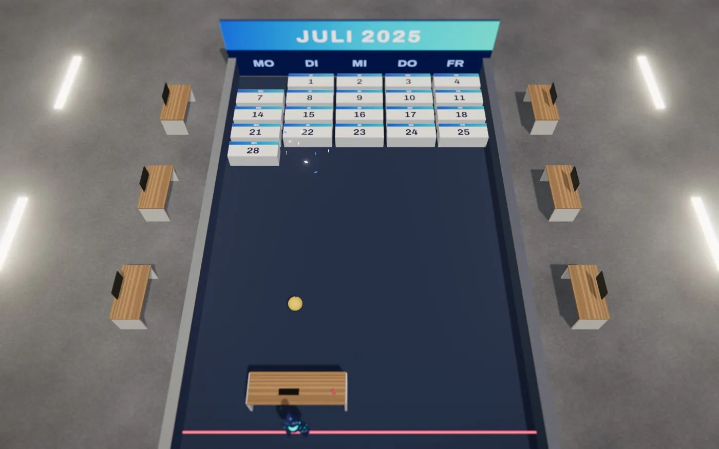 Von oben: eine Wand aus Kalendersteinen mit den Tagen des Juli unter der Überschrift „Juli 2025“, ein gelber Stressball und ein Schreibtisch als Schläger