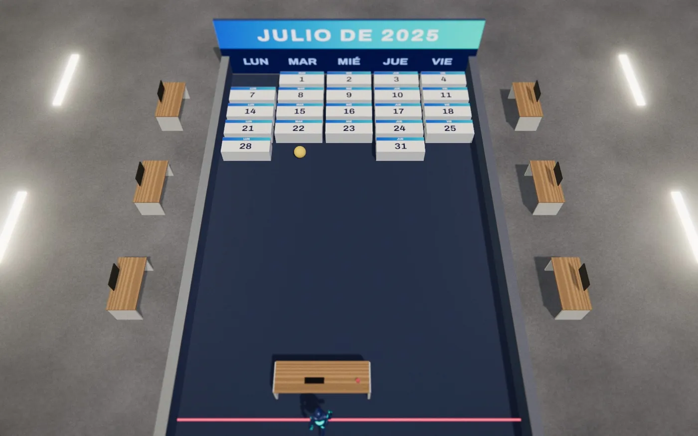 Vista desde arriba: un muro de ladrillos de calendario con los días de julio bajo el título «julio de 2025», una pelota antiestrés amarilla y un escritorio como pala