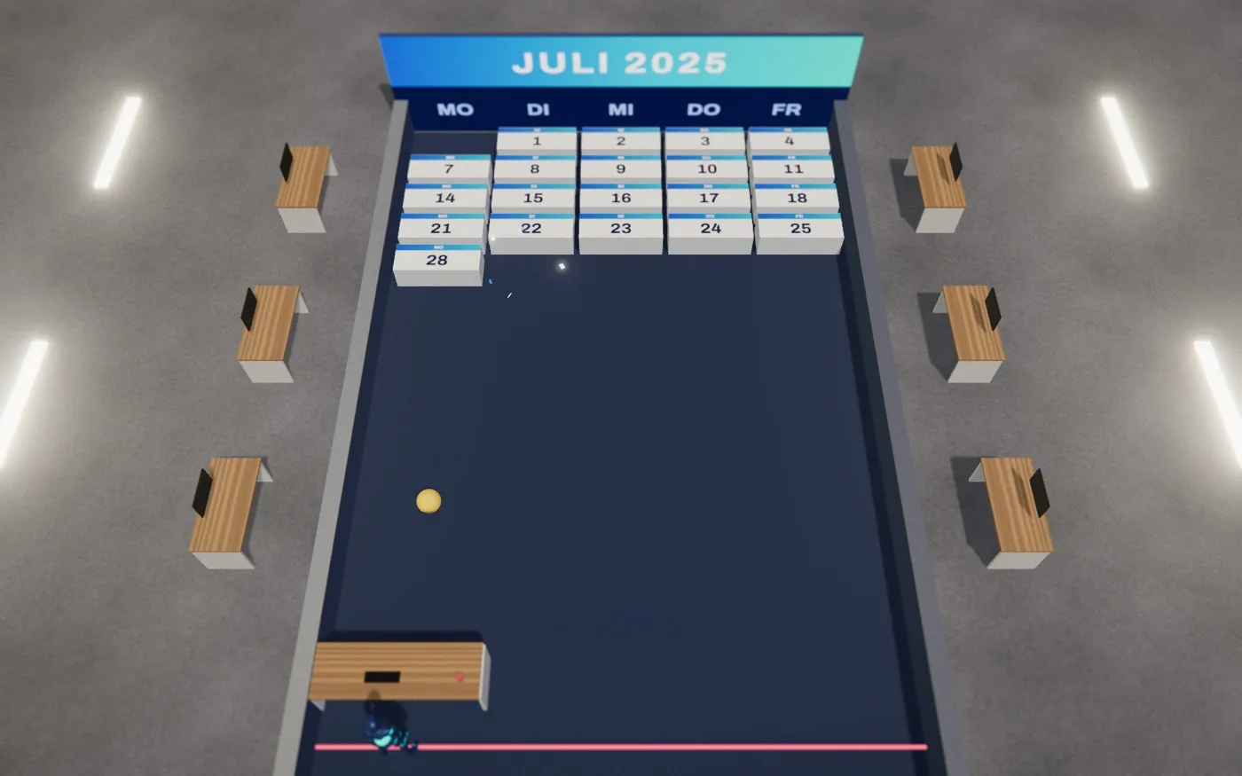 Von oben: eine Wand aus Kalendersteinen mit den Tagen des Juli unter der Überschrift „Juli 2025“, ein gelber Stressball und ein Schreibtisch als Schläger
