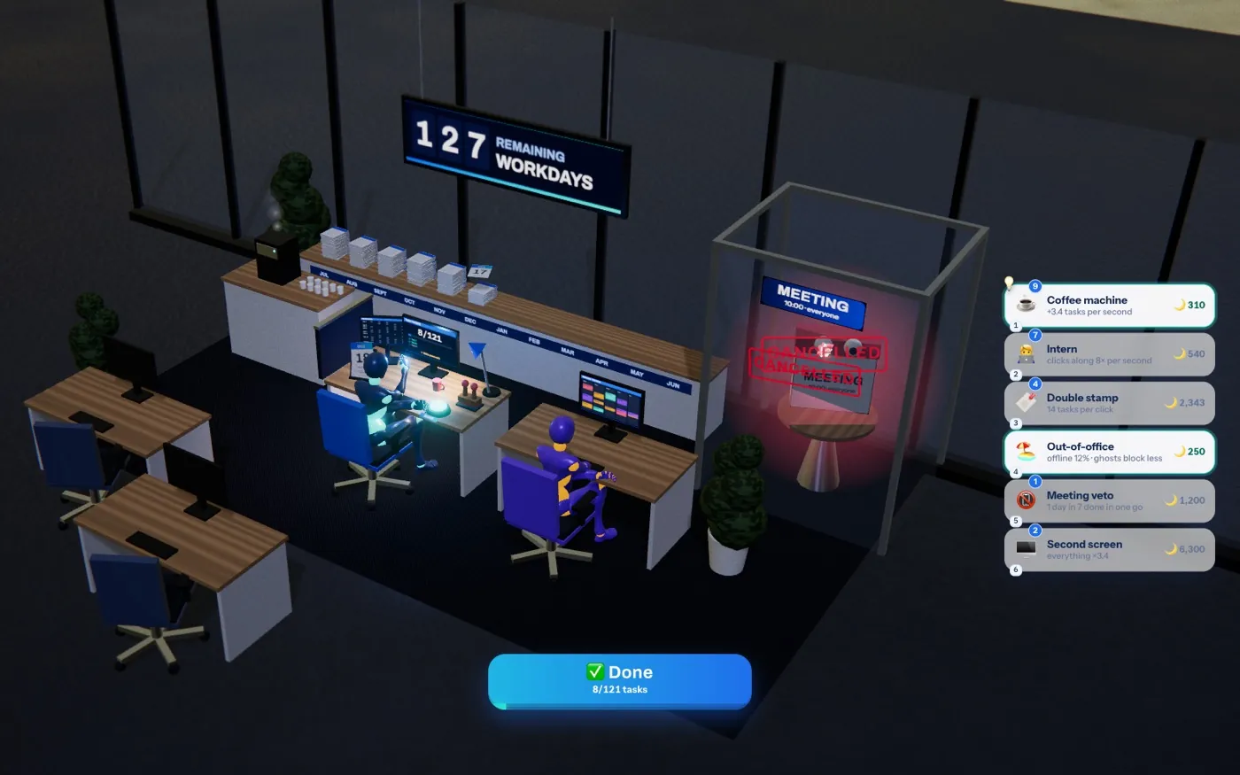An office at night with the board reading “127 remaining workdays”, the character and the intern at their desks, a meeting ghost behind glass and the list of upgrades beside it