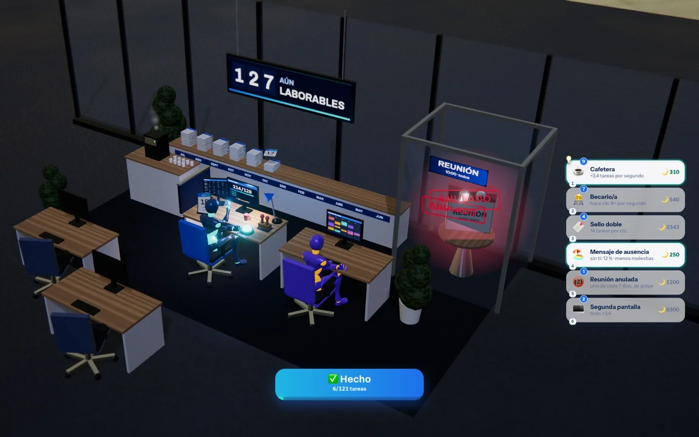 Una oficina de noche con el panel que marca 127 días laborables pendientes; el personaje y la persona en prácticas en sus escritorios, un fantasma de reunión tras el cristal y, al lado, la lista de mejoras