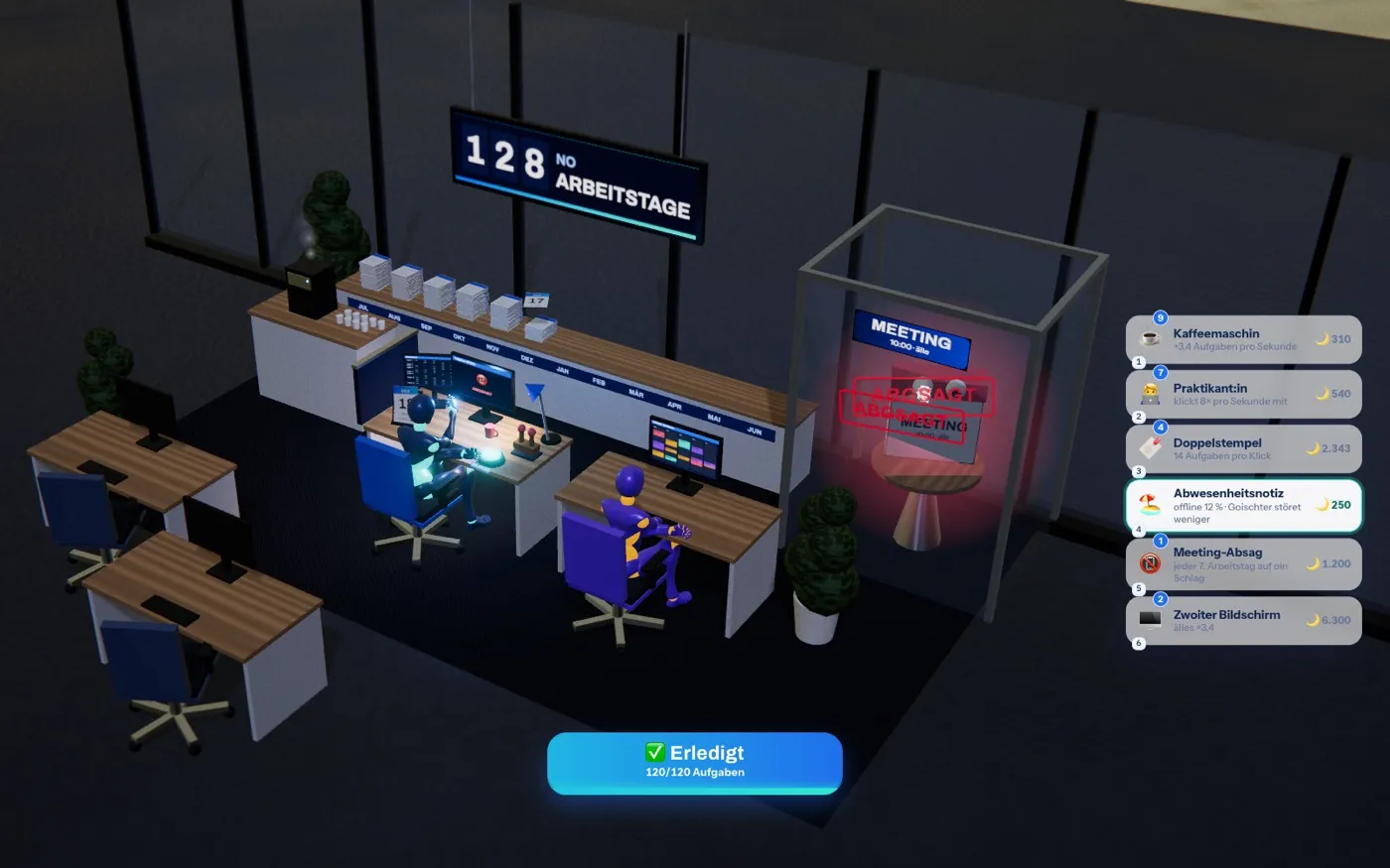 Ein nächtliches Büro mit der Anzeige „127 noch Arbeitstage“, die Spielfigur und die Praktikant:in an ihren Schreibtischen, ein Meeting-Geist hinter Glas, daneben die Liste der Upgrades