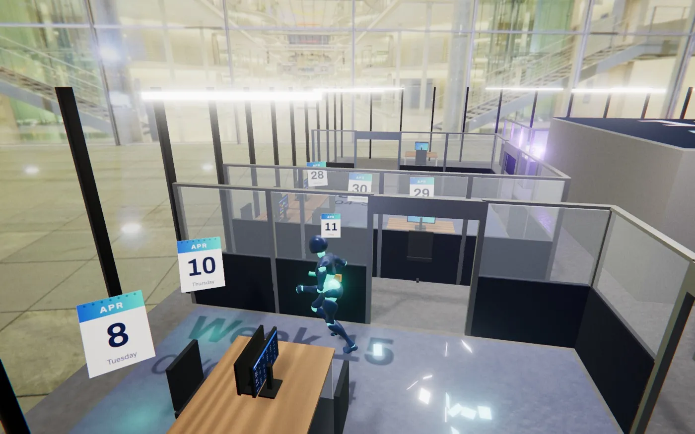 The character running through an open-plan office with glass walls, with April calendar pages floating all around