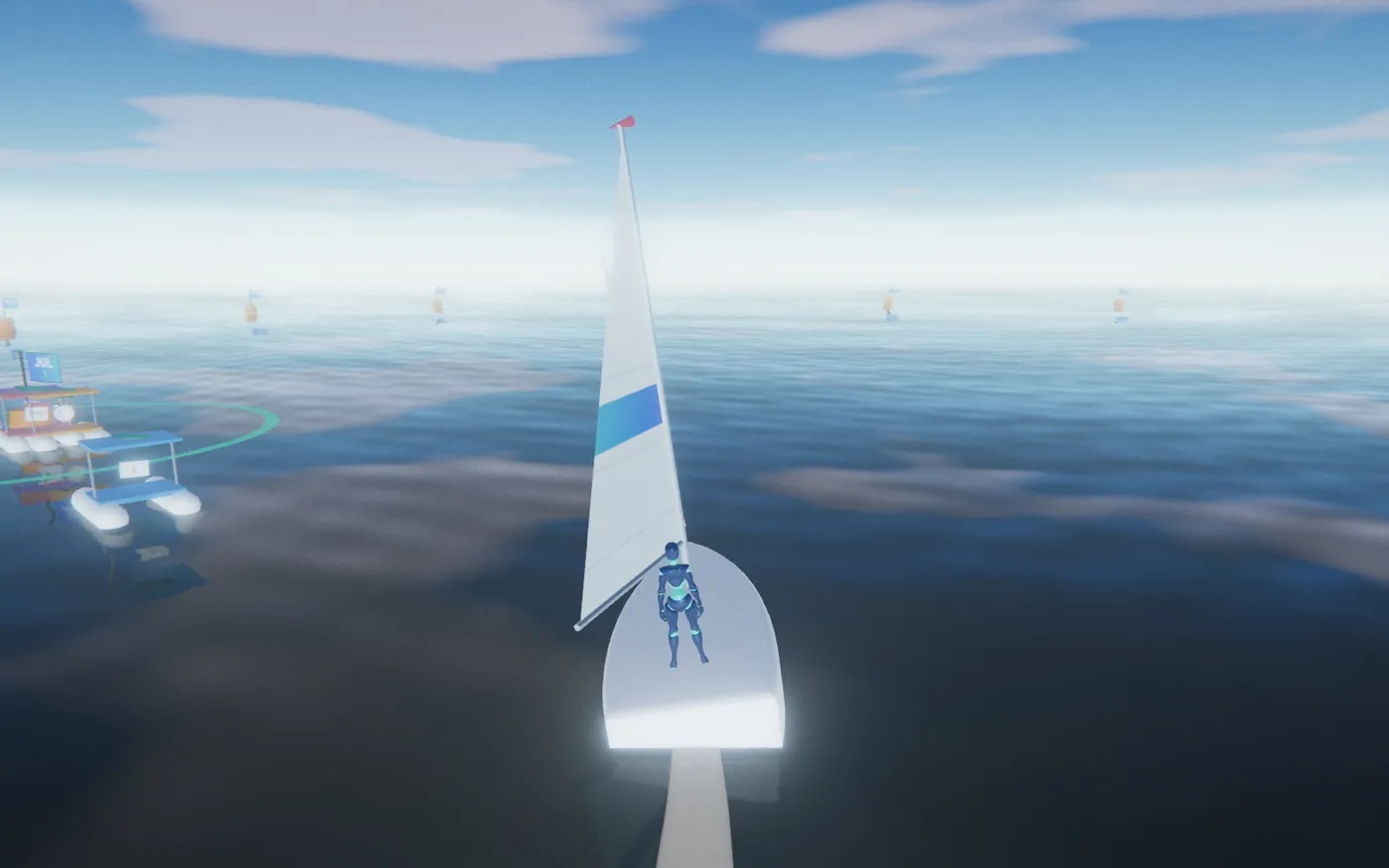Un velero con el personaje al timón; al lado, un hidropedal con un fantasma de la oficina, y a lo lejos, las siguientes boyas