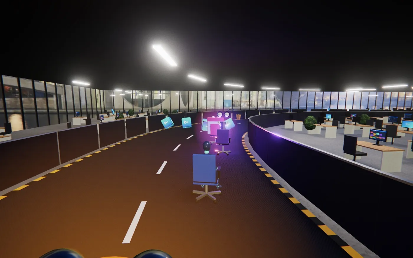 The character racing through the open-plan office on a swivel chair, with the Meeting ghost on its own chair just ahead