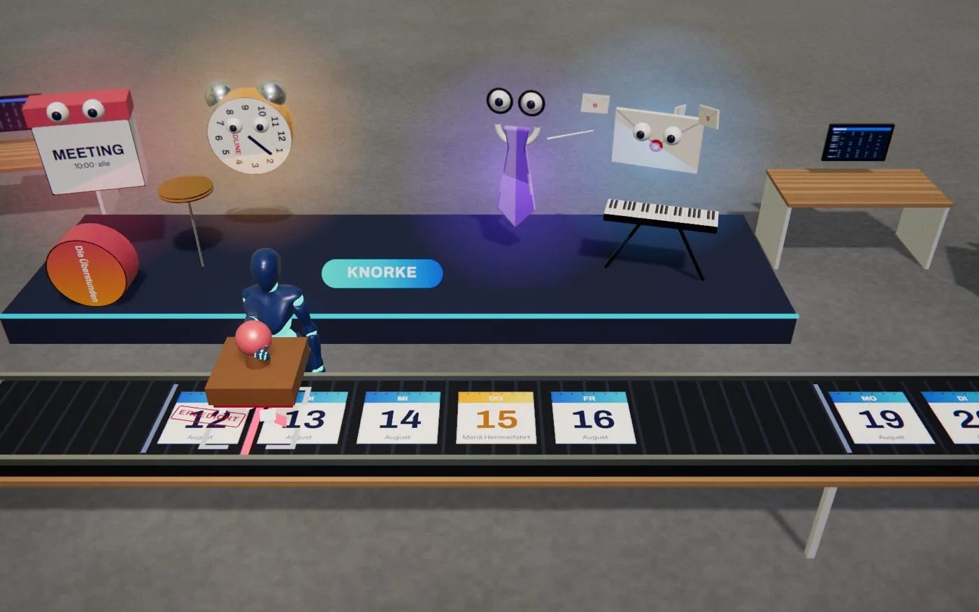 Die Spielfigur stempelt am Fließband Kalenderblätter ab, dahinter spielen Büro-Geister als Band an Trommel und Keyboard
