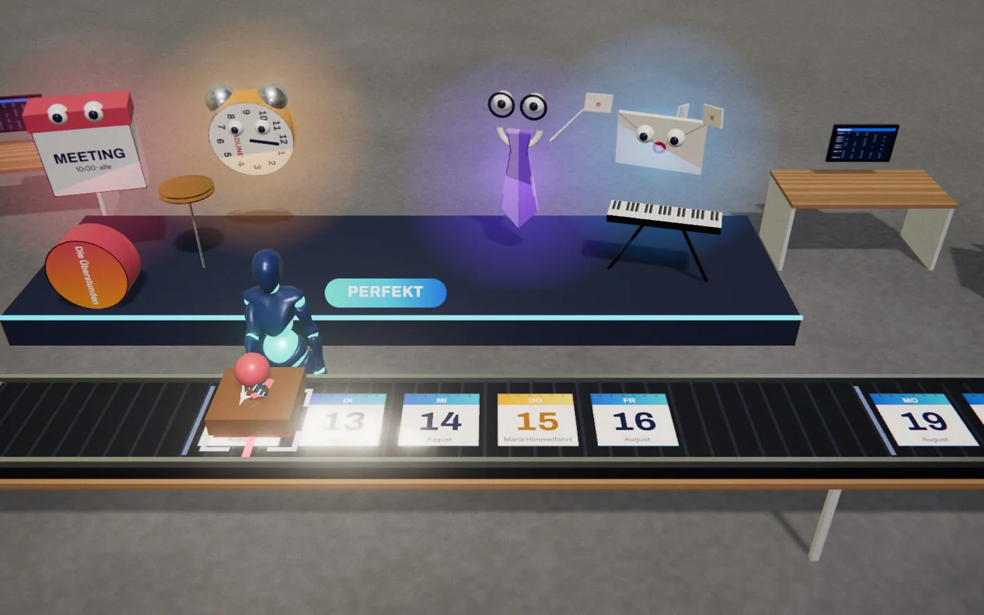 Die Spielfigur stempelt am Fließband Kalenderblätter ab, dahinter spielen Büro-Geister als Band an Trommel und Keyboard