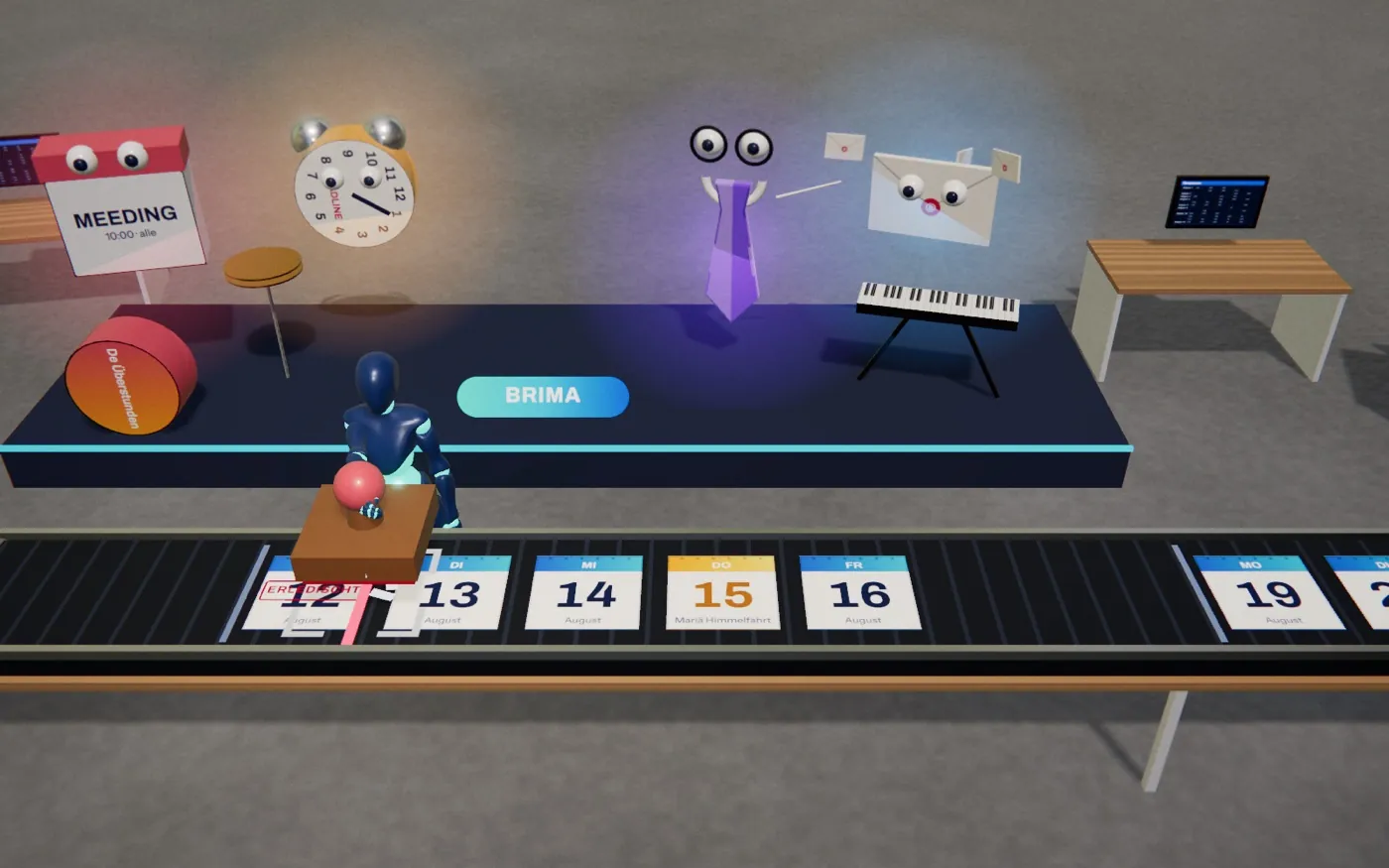 De Spielfigur stempelt am Fließband Kalenderblätter ab, dahinter spielen Büro-Geister als Band an Trommel und Keyboard