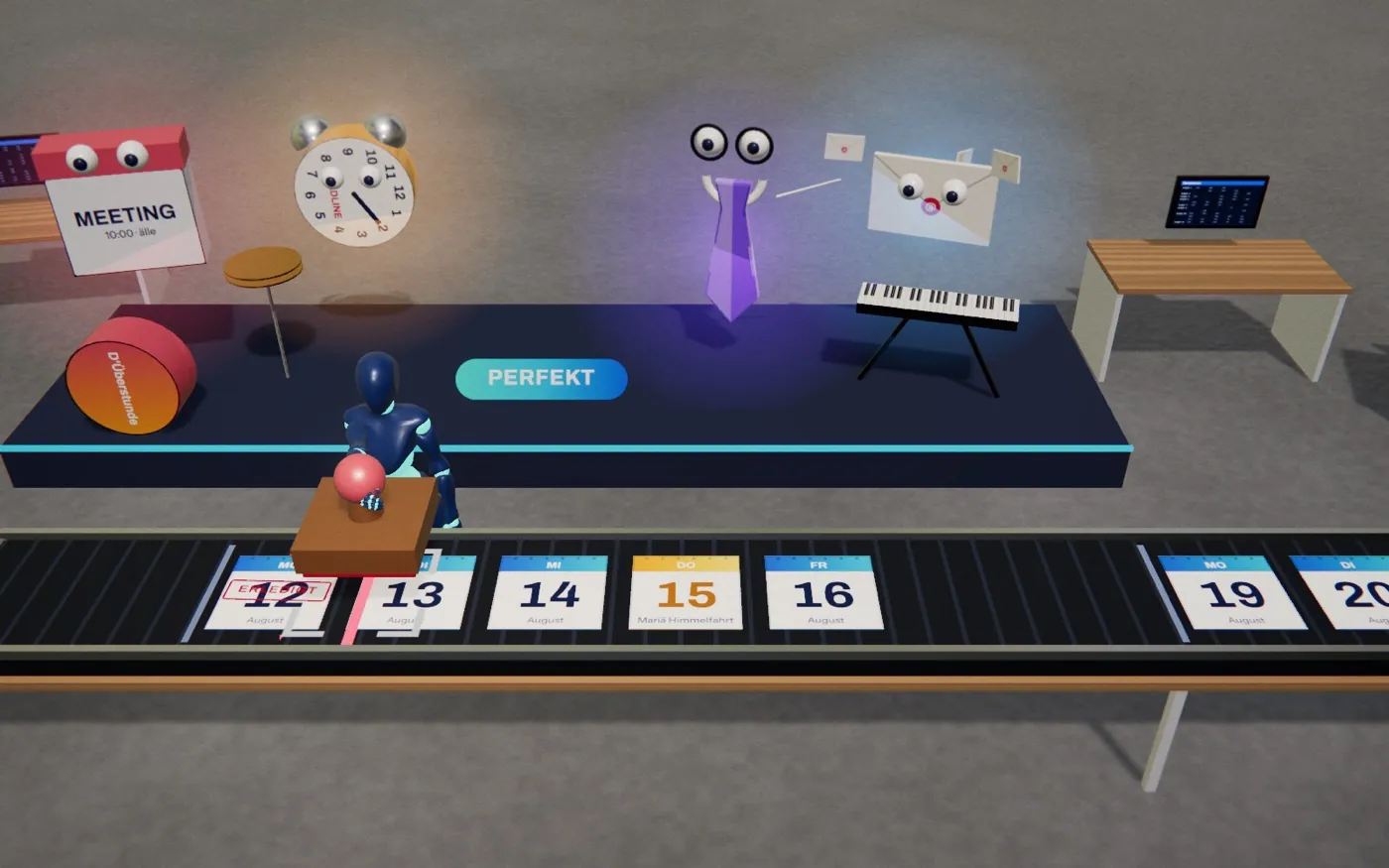 Die Spielfigur stempelt am Fließband Kalenderblätter ab, dahinter spielen Büro-Geister als Band an Trommel und Keyboard