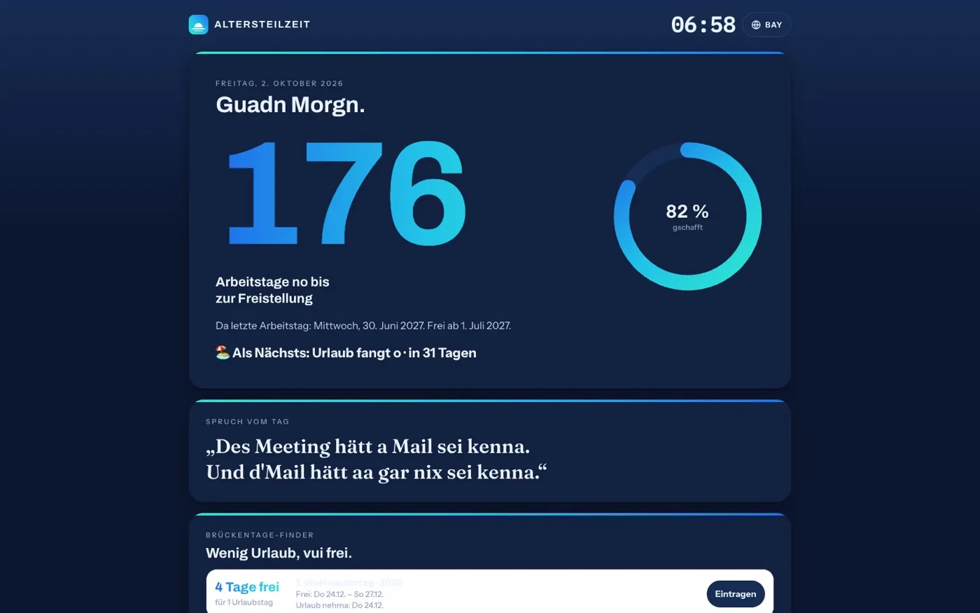 D'Tagesanzeige mit da Zahl der verbleibenden Arbeitstage, Fortschrittsring und Spruch vom Tag