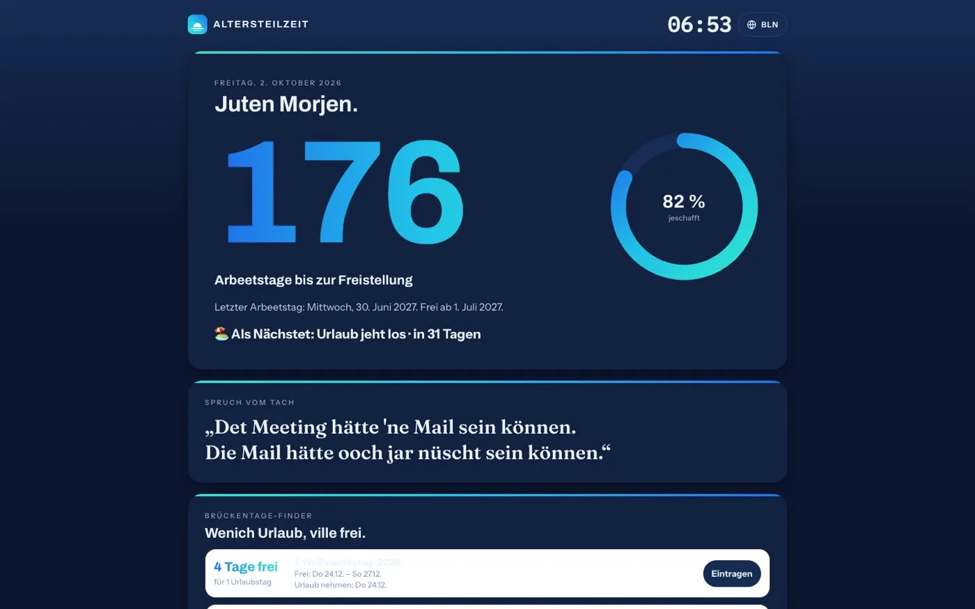 Die Tagesanzeige mit der Zahl der verbleibenden Arbeitstage, Fortschrittsring und Spruch des Tages