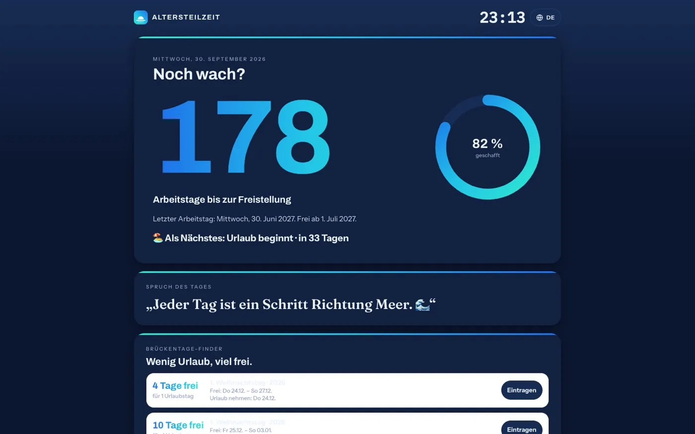 Die Tagesanzeige mit der Zahl der verbleibenden Arbeitstage, Fortschrittsring und Spruch des Tages