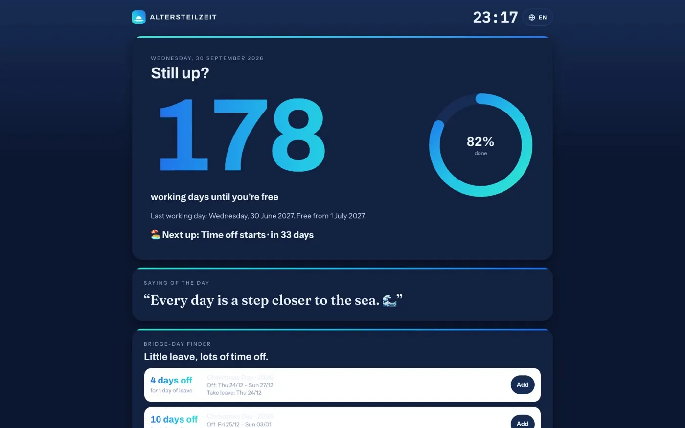 The daily view with the number of working days left, progress ring and saying of the day