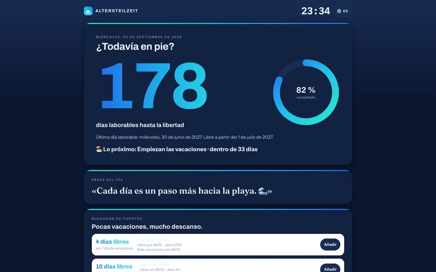 La vista del día con el número de días laborables restantes, el anillo de progreso y la frase del día