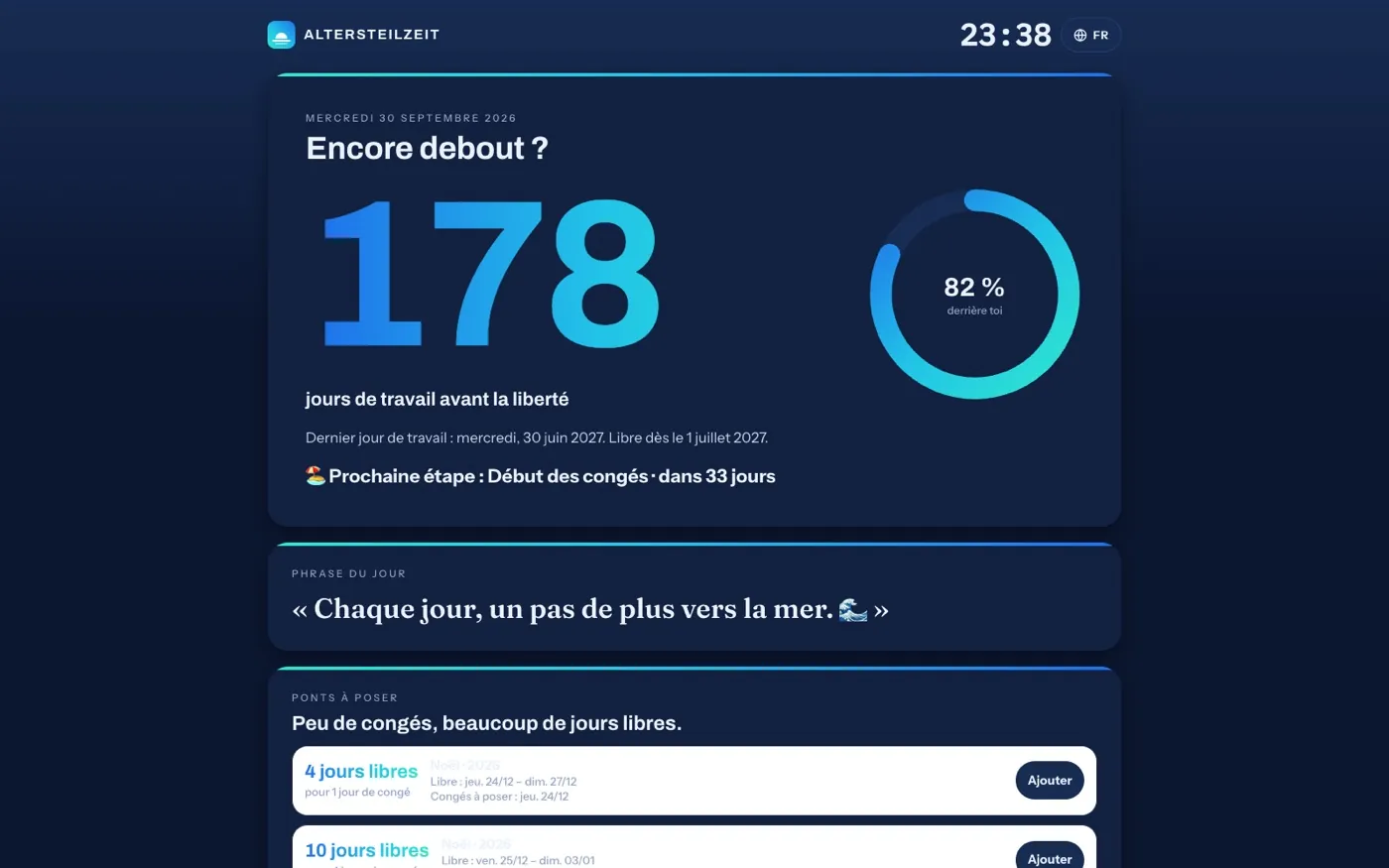 La vue du jour avec le nombre de jours de travail restants, l’anneau de progression et la phrase du jour