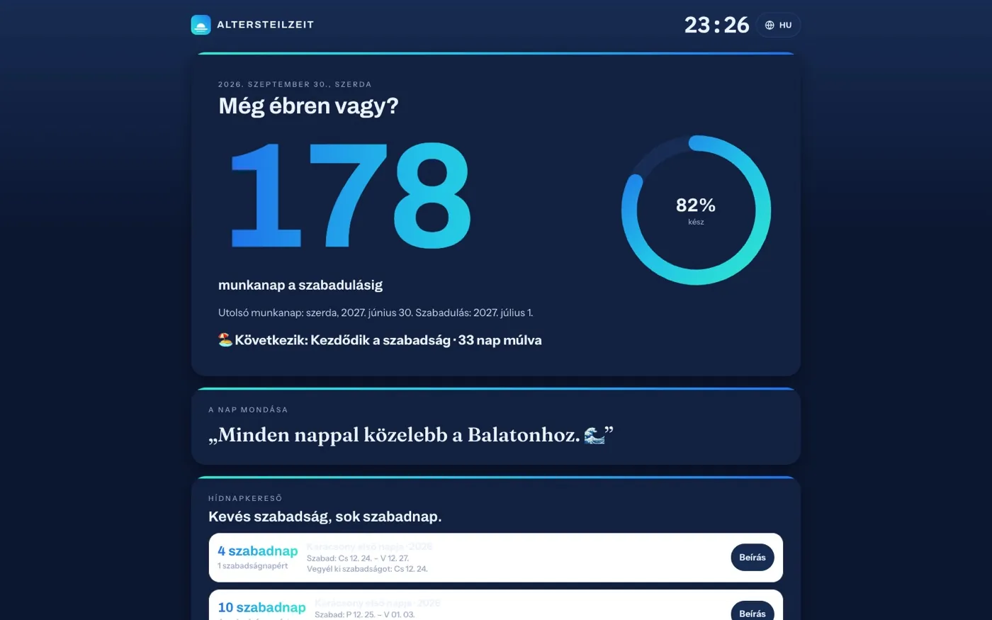 A napi nézet a hátralévő munkanapok számával, a haladásjelző gyűrűvel és a nap mondásával