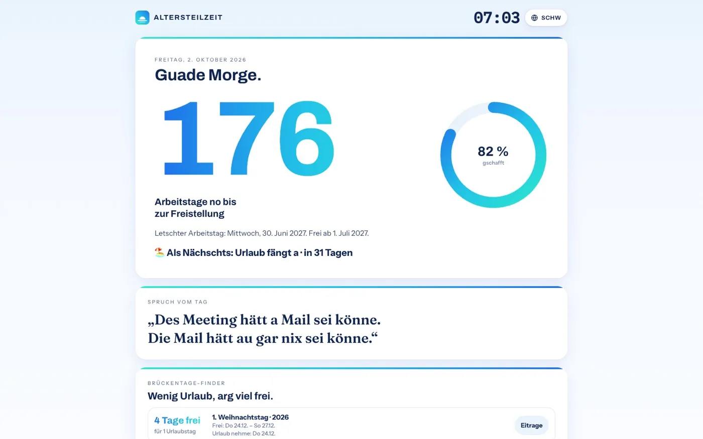 Die Tagesanzeige mit der Zahl der verbleibenden Arbeitstage, Fortschrittsring und Spruch des Tages