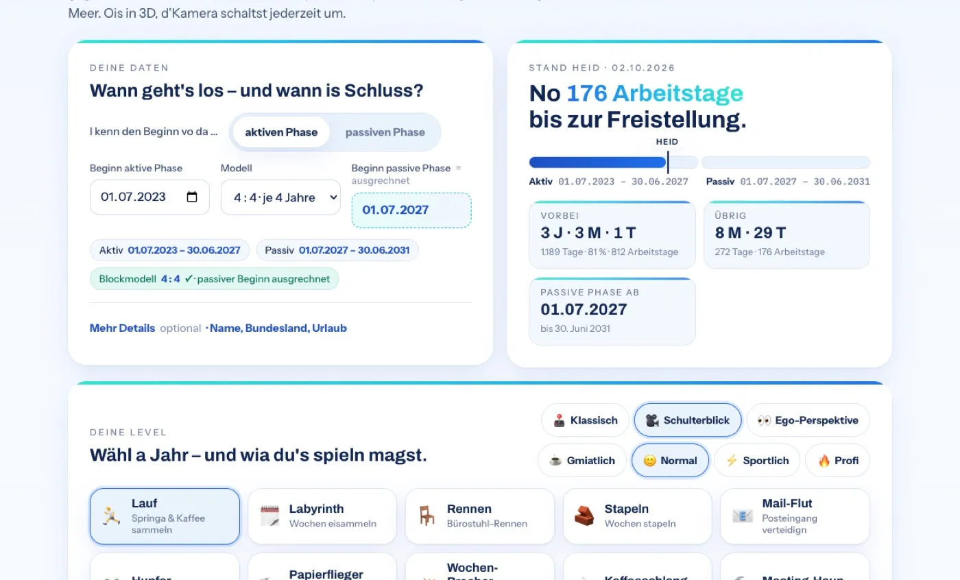 Übersichtsseitn vom Spiel mit Eingabeformular, Stand heid, Phasenbalken und Levelkartn