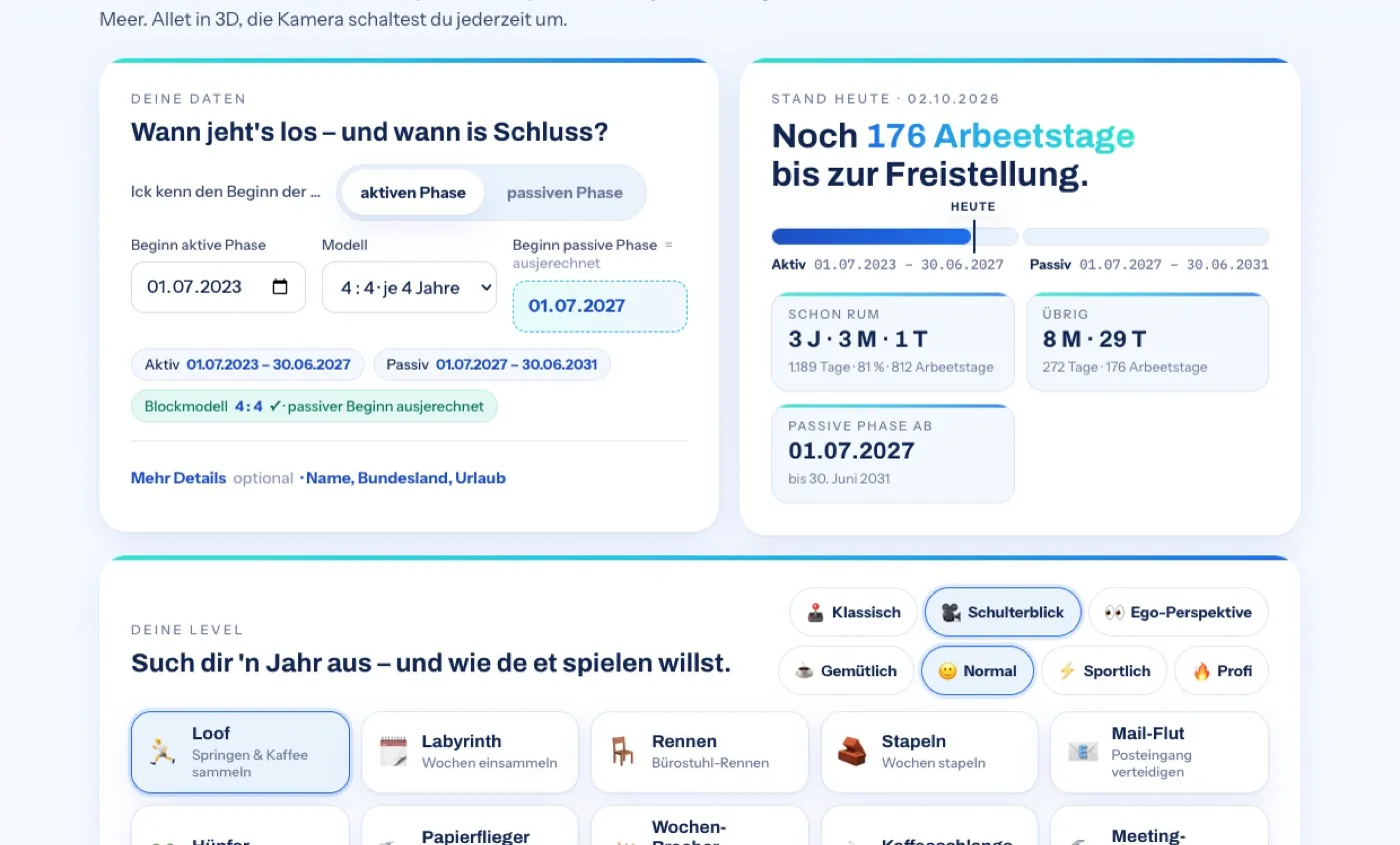 Übersichtsseite des Spiels mit Eingabeformular, Stand heute, Phasenbalken und Levelkarten