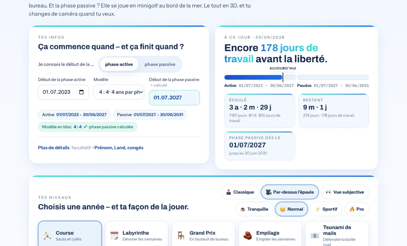 Vue d’ensemble du jeu avec le formulaire, l’état du jour, la barre des phases et les cartes de niveau