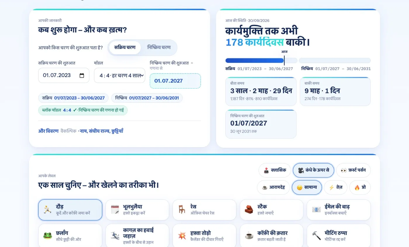 गेम का अवलोकन पेज: जानकारी का फ़ॉर्म, आज की स्थिति, चरणों की पट्टी और लेवल कार्ड