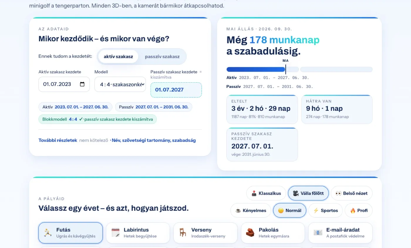A játék áttekintő oldala adatlappal, mai állással, szakaszsávval és pályakártyákkal