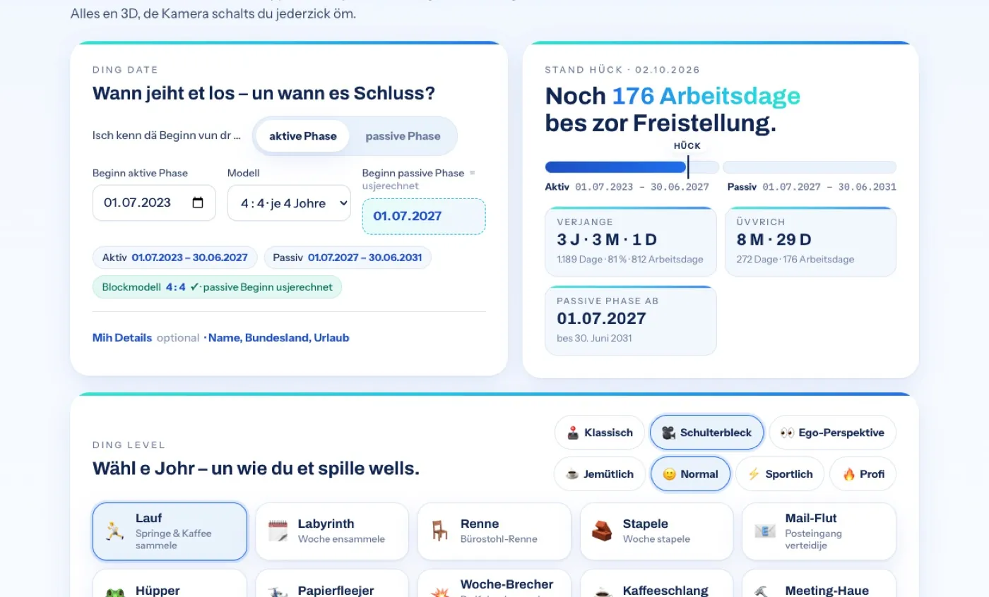 Üvversichtsseite vum Spill met Enjabeformular, Stand hück, Phasebalke un Levelkaate