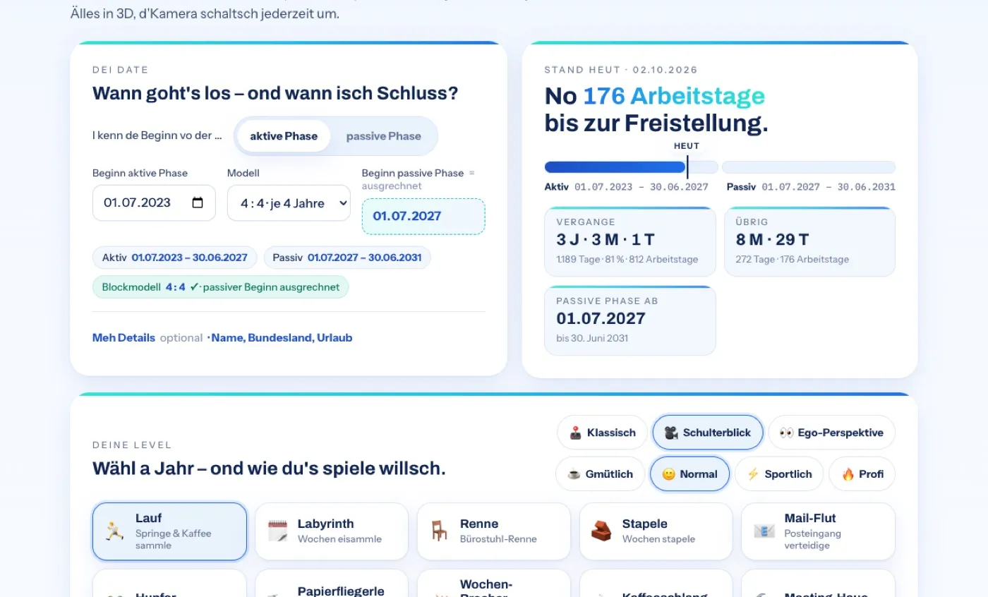 Übersichtsseite des Spiels mit Eingabeformular, Stand heute, Phasenbalken und Levelkarten