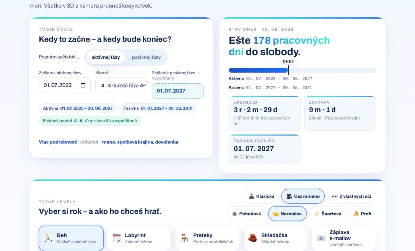 Stránka prehľadu hry s formulárom, dnešným stavom, lištou fáz a kartami levelov